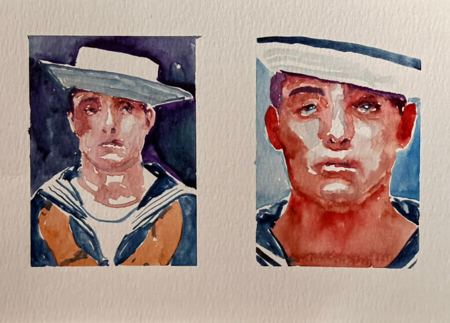 SEAMEN ×2 Original watercolour on 300 gsm paper A5 · 21 × 14.8 cm Unframed £150 Delivery quoted separately.
